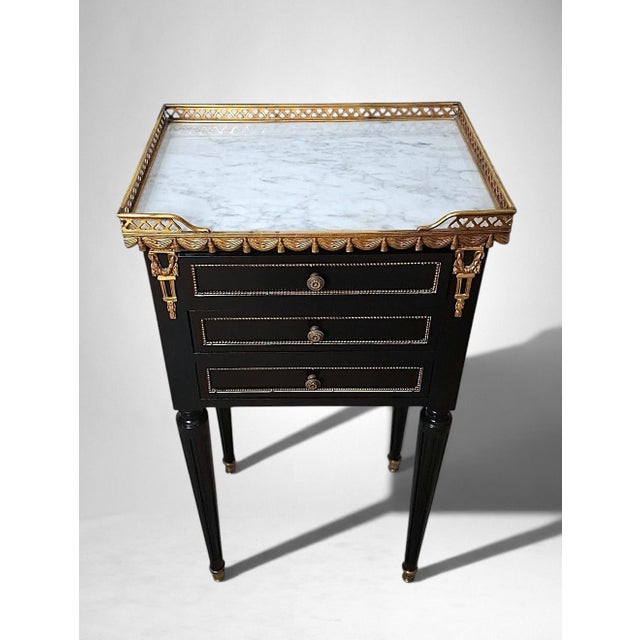Wood Early 20th Century French Louis XVI Revival Pair of Nightstands in Carrara Marble and Gilt Bronze For Sale - Image 7 of 18