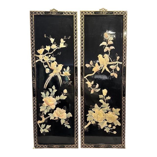 Pair of Large Vintage Chinese Black Lacquer Mother-of-Pearl Bird & Floral Wall Panels For Sale