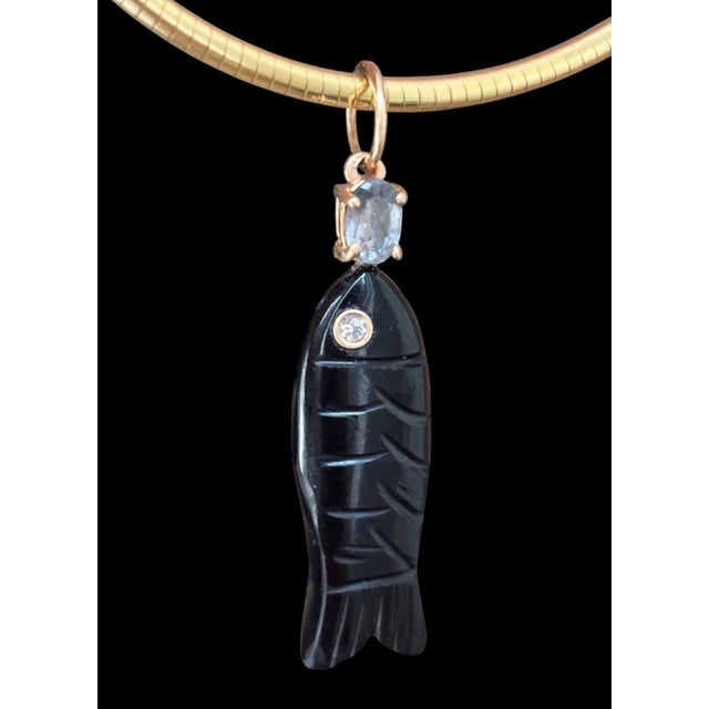 Perfect Black Onyx Poisson Pendant With Spinel & Diamond For Sale - Image 4 of 7