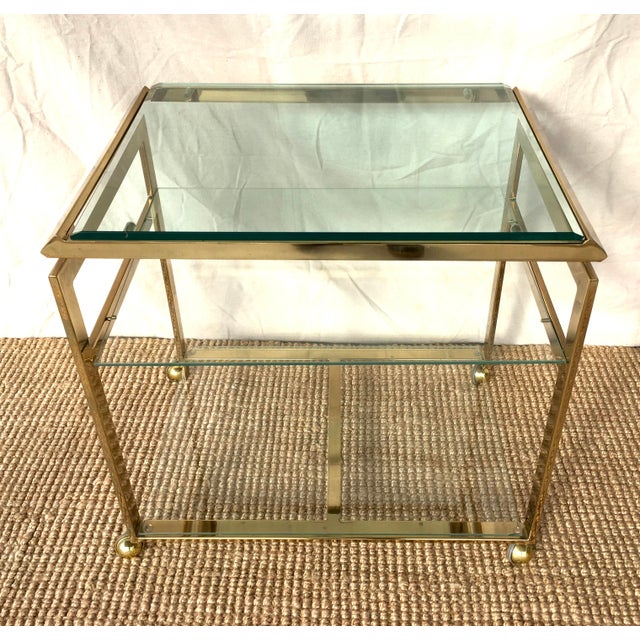 A Vintage 70's Asian Style Brass Tone Bar Cart With Glass Shelves For Sale - Image 4 of 6