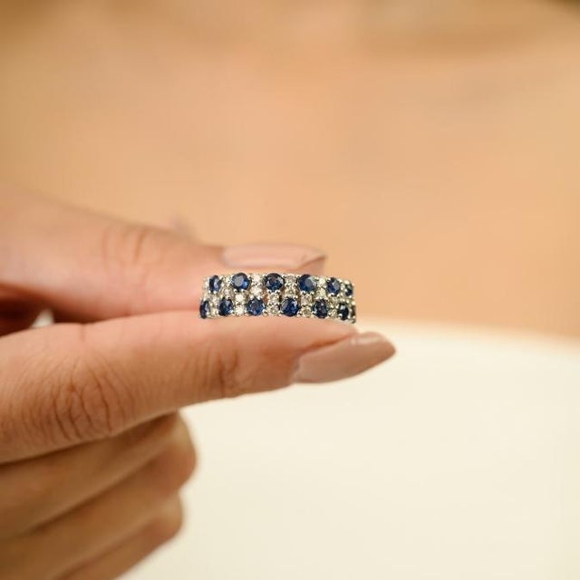 Ink Blue 1.14 Carat Blue Sapphire & Diamond Half Eternity Wedding Band Ring Size 6 in 18k White Gold For Sale - Image 8 of 13