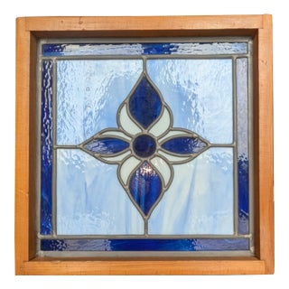 '80s Victorian Style Stained Glass Panel in Wood Frame For Sale