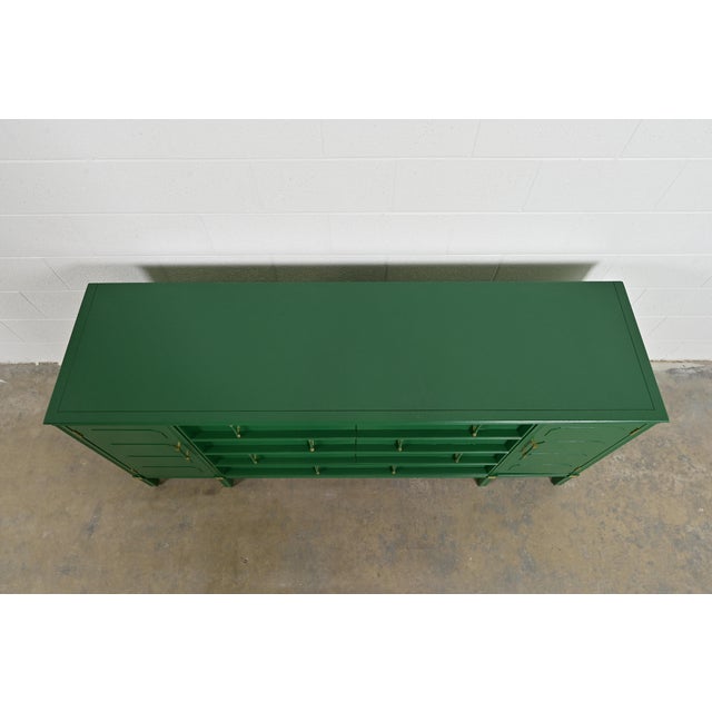 Thomasville Hollywood Regency Chinoiserie Green Lacquered Long Dresser or Credenza, Newly Refinished For Sale - Image 11 of 14