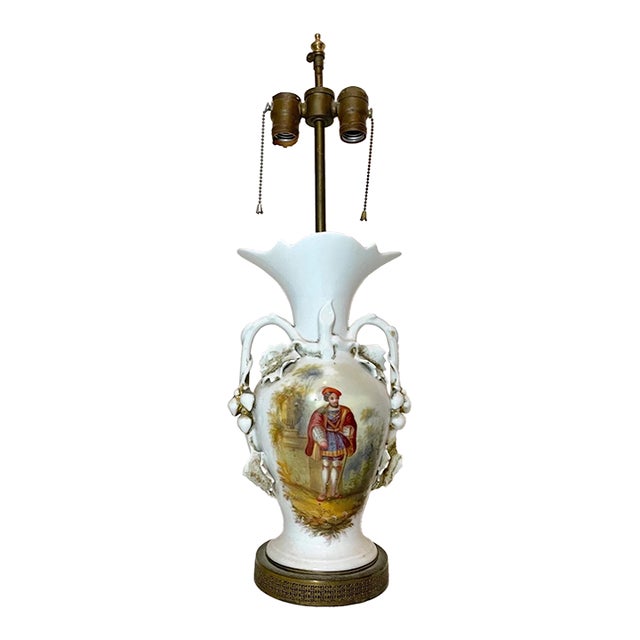 Antique 1800's Hand Painted Figural Porcelain Brass French Electrified Vase Lamp For Sale