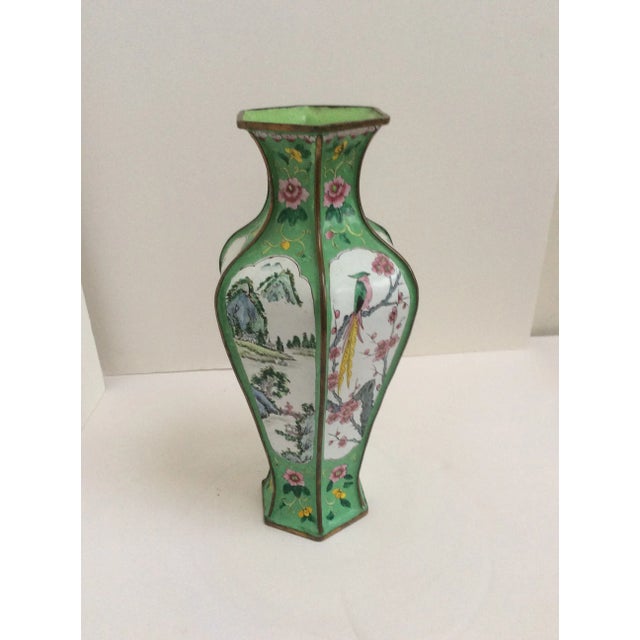 Highly decorative Chinese Canton Enamel Vase with great colors and decorated with flowers and birds. This has six sides...
