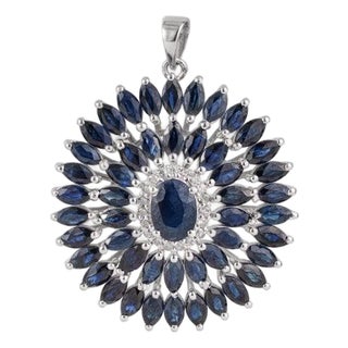 11 CTW Blue Sapphire & Diamond Halo Pendant in 925 Sterling Silver For Sale