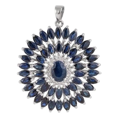 11 CTW Blue Sapphire & Diamond Halo Pendant in 925 Sterling Silver For Sale