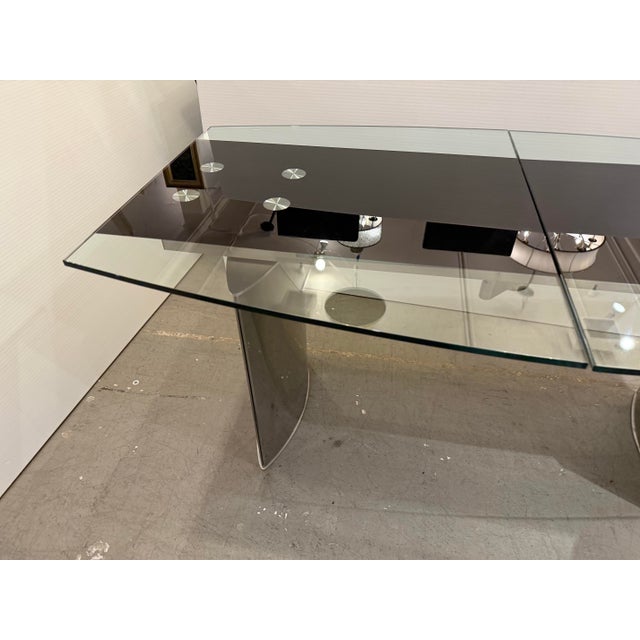 Modern Double Pedestal Extendable Glass Top Table For Sale - Image 12 of 12