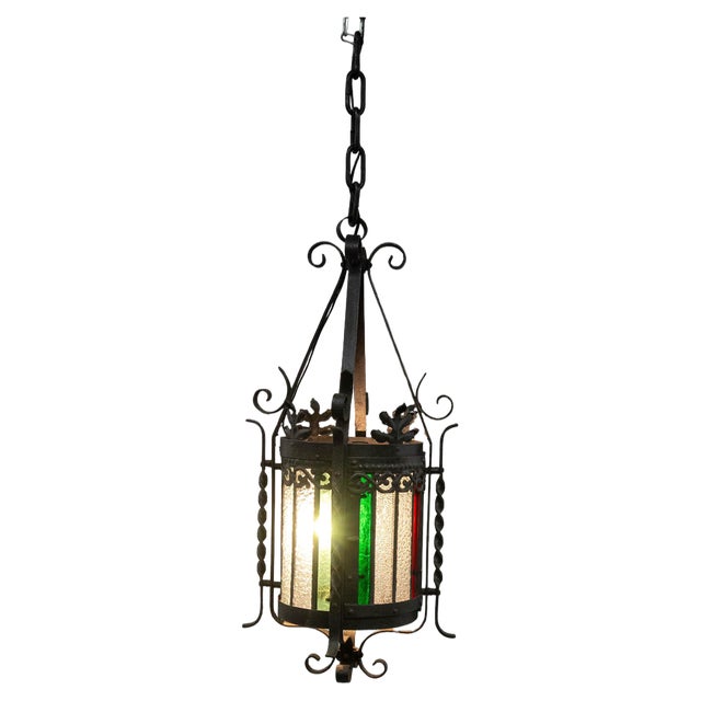 French Lustre Colored Glass & Wrought Iron Pendant Light, Late 19th Century For Sale