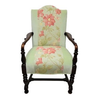 Victorian Revival Carved Armchair With Embroidered Floral Damask and Green Velvet Upholstery For Sale