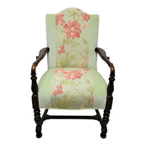 Victorian Revival Carved Armchair With Embroidered Floral Damask and Green Velvet Upholstery