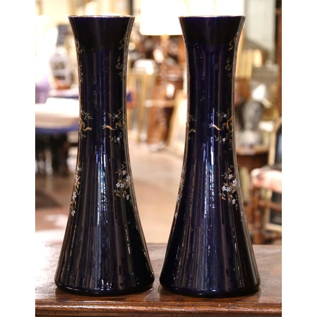Pair 19th Century French Neoclassical Painted and Gilt Porcelain Trumpet Vases For Sale - Image 11 of 13