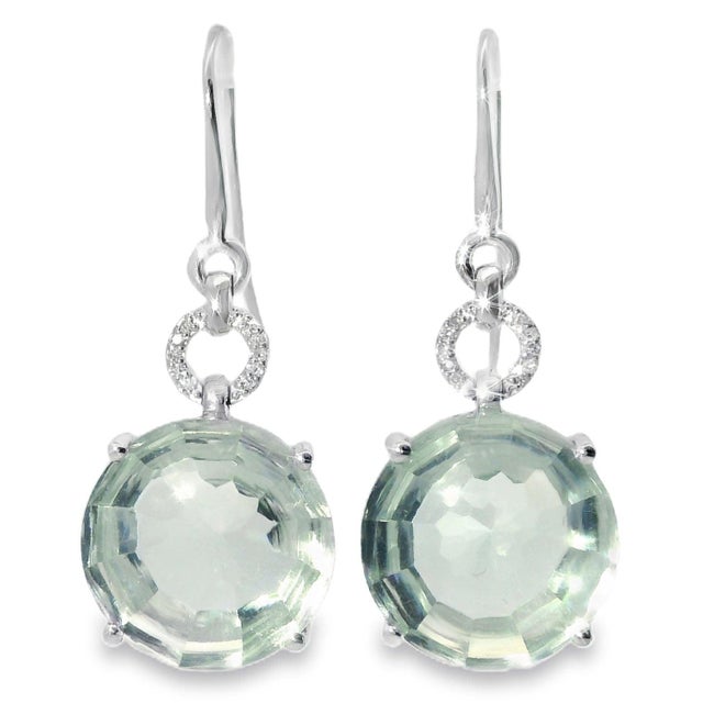 Mid-Century Modern Mid 20th Century 18k White Gold Diamond Cabochon Green Amethyst Hanging Earrings, Pair For Sale - Image 3 of 4