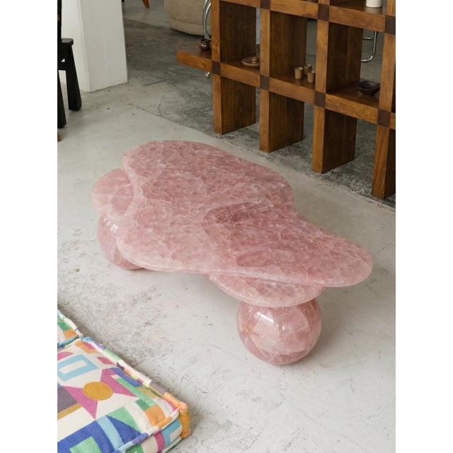 Gemstone Handcrafted Rose Quartz Organic Coffee Table With Sphere Legs | Sculptural Luxury Stone Table For Sale - Image 7 of 8