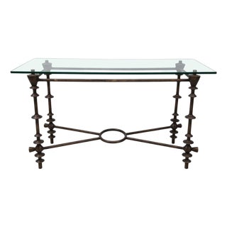 Giacometti-Style Patinated Bronzed and Glass Console Table For Sale