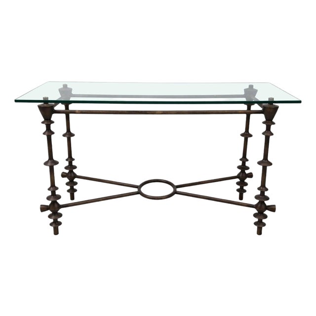 Giacometti-Style Patinated Bronzed and Glass Console Table For Sale