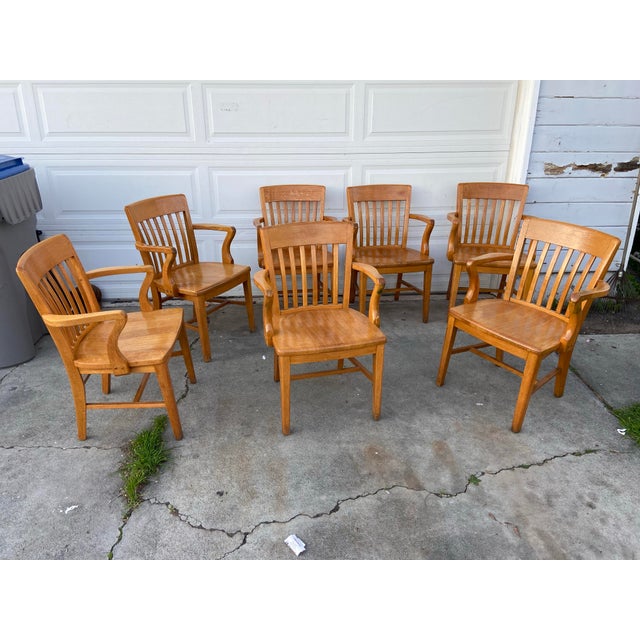 Vintage Mid Century Modern Jasper Seating Co Furniture Bankers Golden Oak Chair Set of 7 For Sale - Image 10 of 12