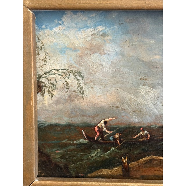 Wood Antique Italian Capriccio Framed Oil Painting of Landscape With Ruins Attributed to Francesco Guardi For Sale - Image 7 of 11