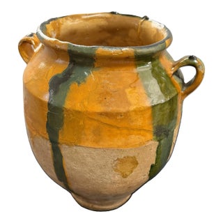 19th Century French Provincial Terracotta "Confit" Pot With an Unusual Combination of Yellow and Green Dripped Glazes For Sale