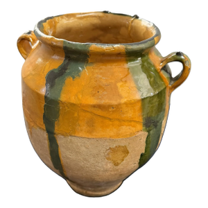 19th Century French Provincial Terracotta "Confit" Pot With an Unusual Combination of Yellow and Green Dripped Glazes
