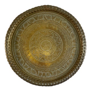 Vintage Large Moroccan Brass Tray With Engraved Design For Sale
