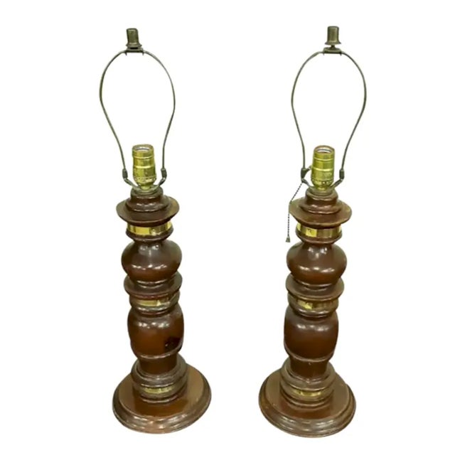 Mid-Century Modern Pair of Mid Century Wood and Brass Lamps For Sale - Image 3 of 5