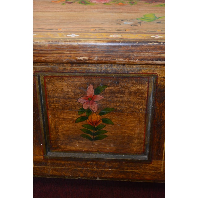 1980s Hand Painted Color Florals Large Wooden Trunk Box / Coffee Table W/Iron Rings For Sale - Image 11 of 13