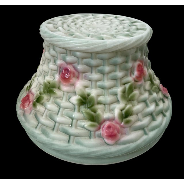 Green 1920s Rare Phoenix/Consolidate Hand Painted Glass Basket Lamp Shade Nicholas Kopp For Sale - Image 8 of 12