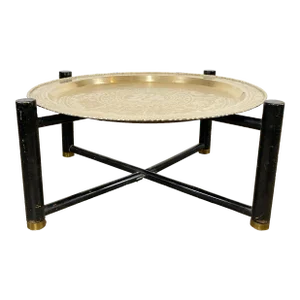 Vintage Brass Tray Top Table on Collapsible Black Wood Base