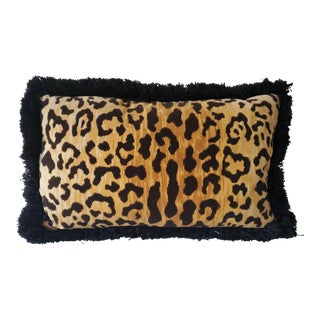 Velvet Leopard Black Fringed Lumbar Pillow Cover For Sale