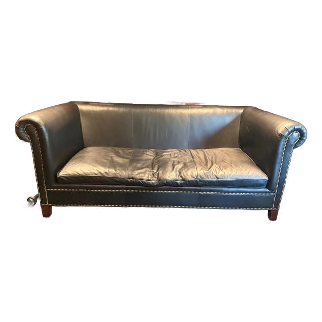 1990s Ralph Lauren Vintage Brompton Distressed Leather Sofa, English Cowhide & Custom Wool Cushions Cushions For Sale
