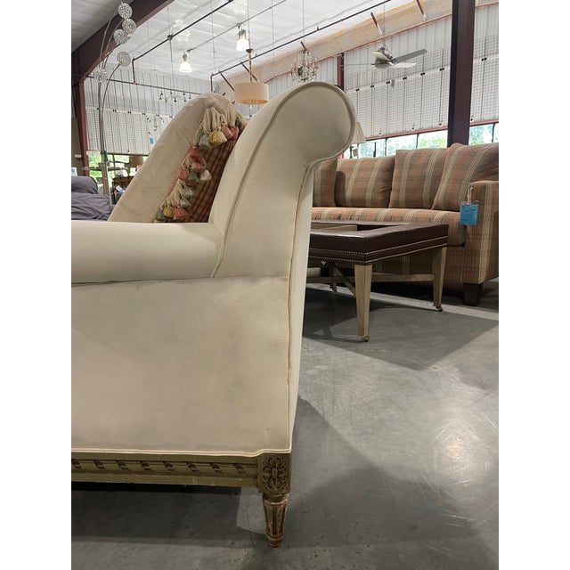 Late 19th Century Antique 19th Century French Chaise With Distressed Carved Frame and Ivory Upholstery For Sale - Image 5 of 10