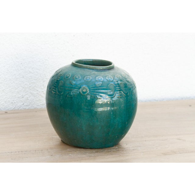 Deep Emerald Glazed Ceramic Vase For Sale - Image 4 of 8