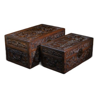 Pair of Huali Rosewood Nesting Boxes Carved With Bat & Peach Motif For Sale