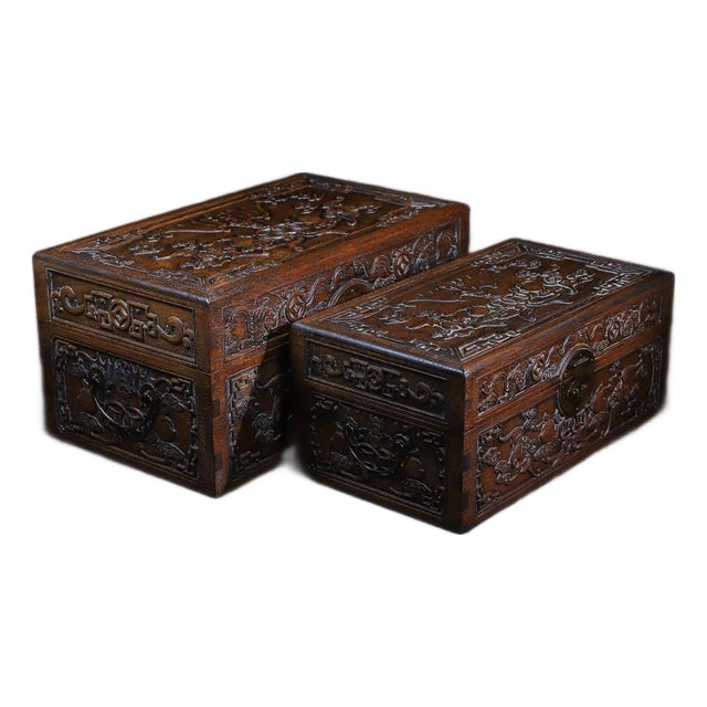 Pair of Huali Rosewood Nesting Boxes Carved With Bat & Peach Motif For Sale