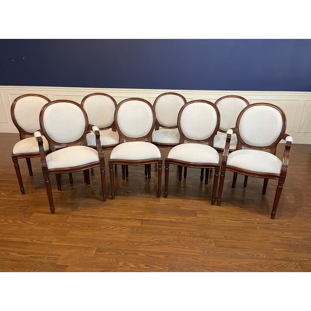 Set of 8 Louis XVI Muslin Upholstered Dining Chairs by Leighton Hall - Showroom Samples For Sale - Image 4 of 14