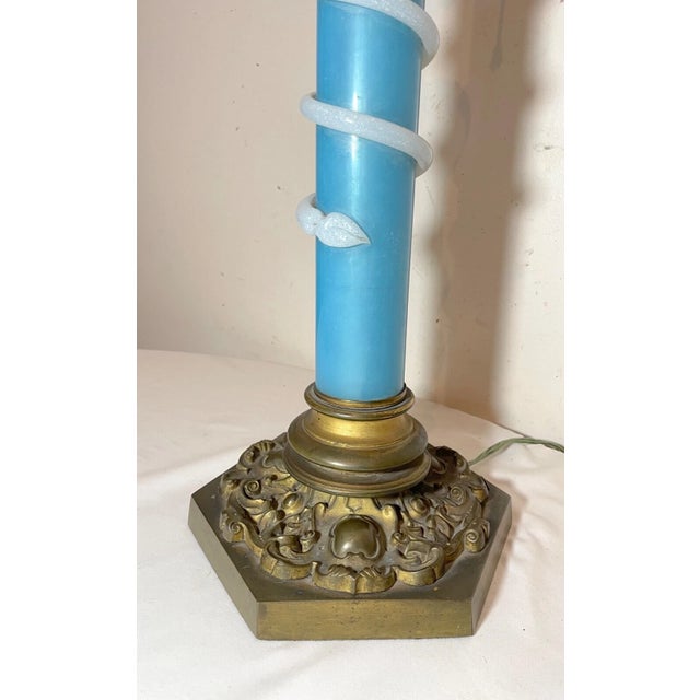 Metal 1920s Large Quality Antique Gilt Bronze Hand Blown Blue Glass Italy Murano Table Lamp For Sale - Image 7 of 10