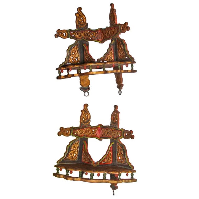 Wood Pair of Antique Jharokha Style Corner Shelves For Sale - Image 7 of 7