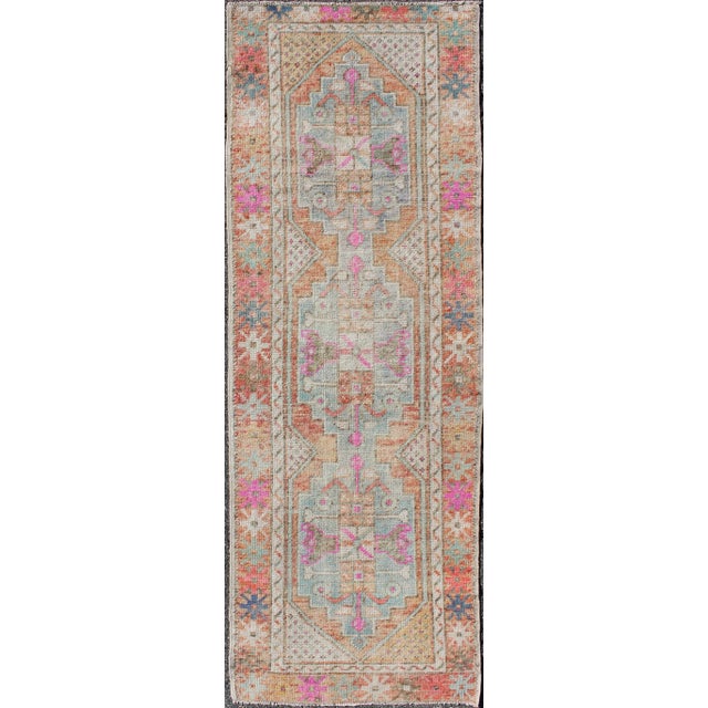 Orange Vintage Turkish Oushak Geometric Runner With in Light Orange and Multi Colors For Sale - Image 8 of 8