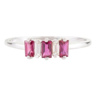 Ruby July Birthstone Three-Stone Ring With Baguette Diamonds in 14k Gold Size 8 For Sale
