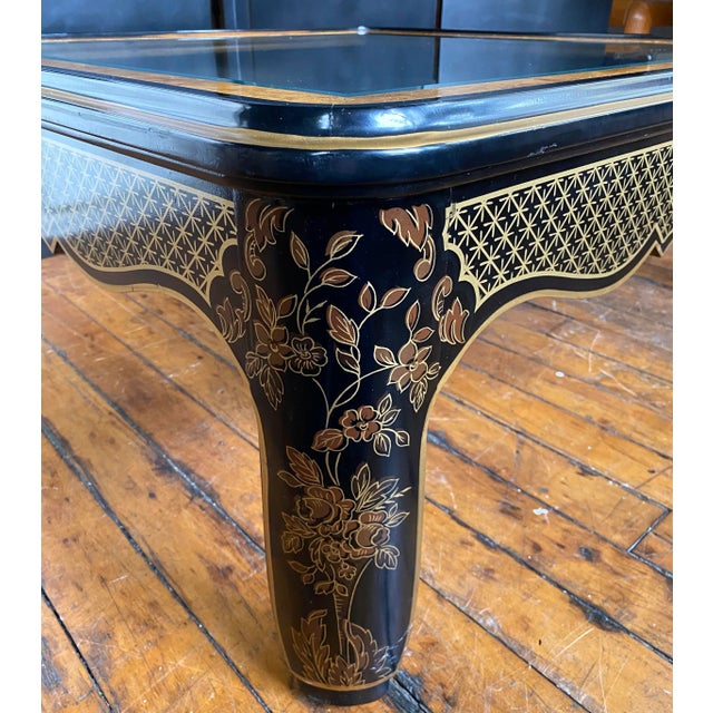 Wood Hollywood Regency Chinoiserie Black & Gold Square Coffee Table, Drexel Et Cetera For Sale - Image 7 of 13