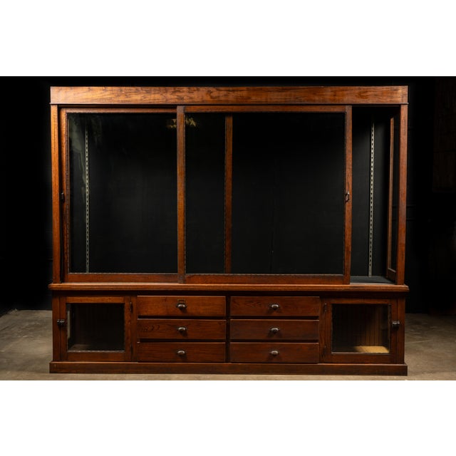 Antique Oak Mercantile Cabinet With Japanned Copper Hardware For Sale - Image 4 of 10