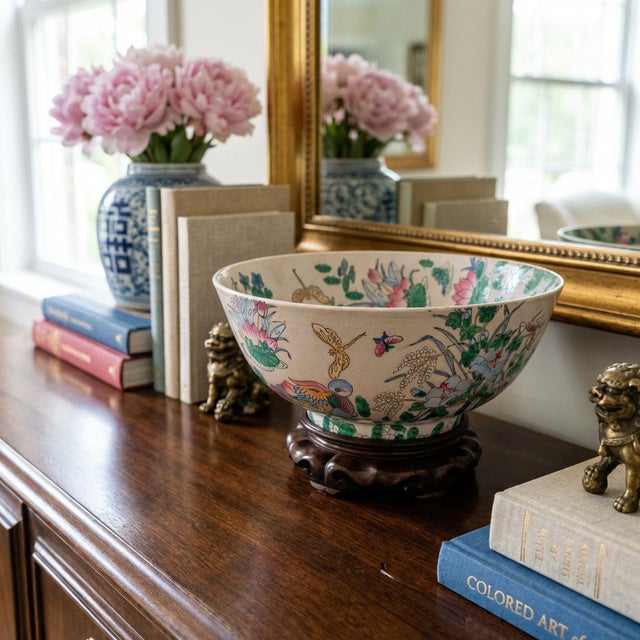 Mid 20th Century Large Chinese Famille Rose Porcelain Bowl With Birds, Lotus & Butterflies on Carved Wood Stand For Sale - Image 10 of 13