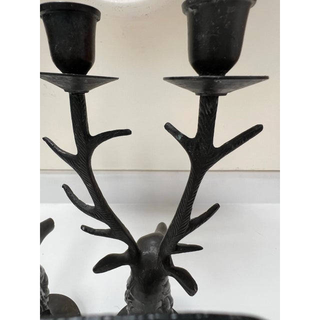 Late 20th Century Vintage Bronzed Brass Hart Stag Deer Antlered Candle Holders - a Pair For Sale - Image 5 of 6