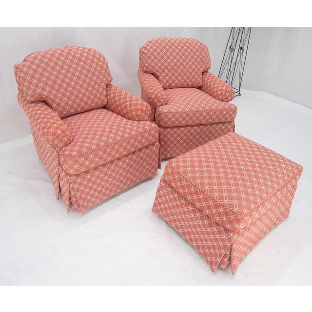 Pair of Large Red & White Upholstery Club Lounge Chairs & Matching Ottoman MINT For Sale - Image 12 of 15
