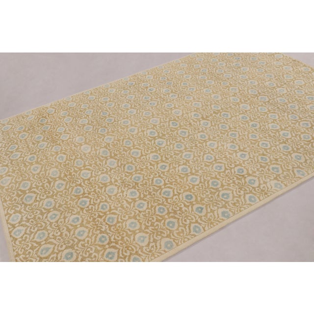 Modern Rug & Kilim’s Block Print Rug With Gold and Blue Dense Floral Pattern For Sale - Image 3 of 10