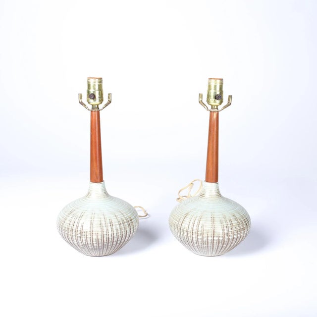White Clay and Walnut Table Lamps - Pair For Sale - Image 8 of 8