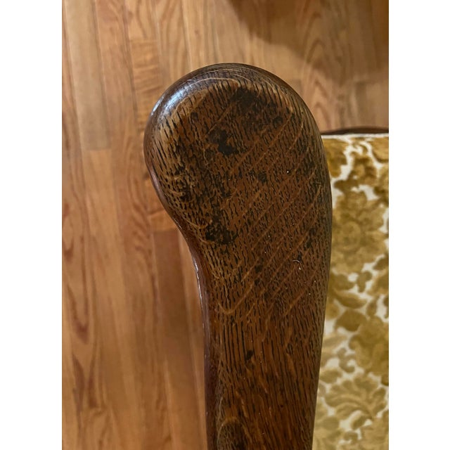 Early 20th Century Antique Carved Wood Rocking Chair With Golden Fabric Cushion For Sale - Image 5 of 11