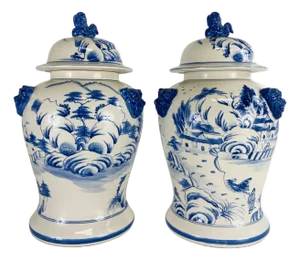 Vintage Large Pair of Hand Painted Chinese Jars With Lids.