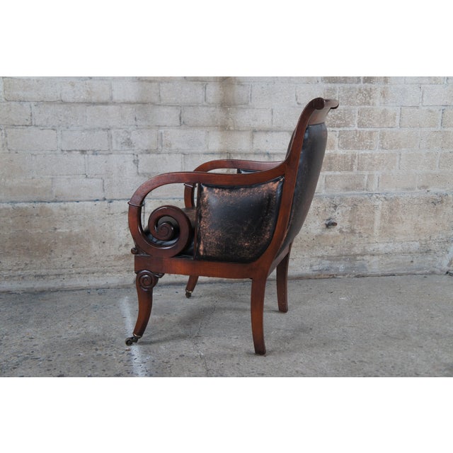 Late 20th Century Henredon Mahogany Distressed Leather French Empire Regency Club Lounge Armchair For Sale - Image 10 of 12